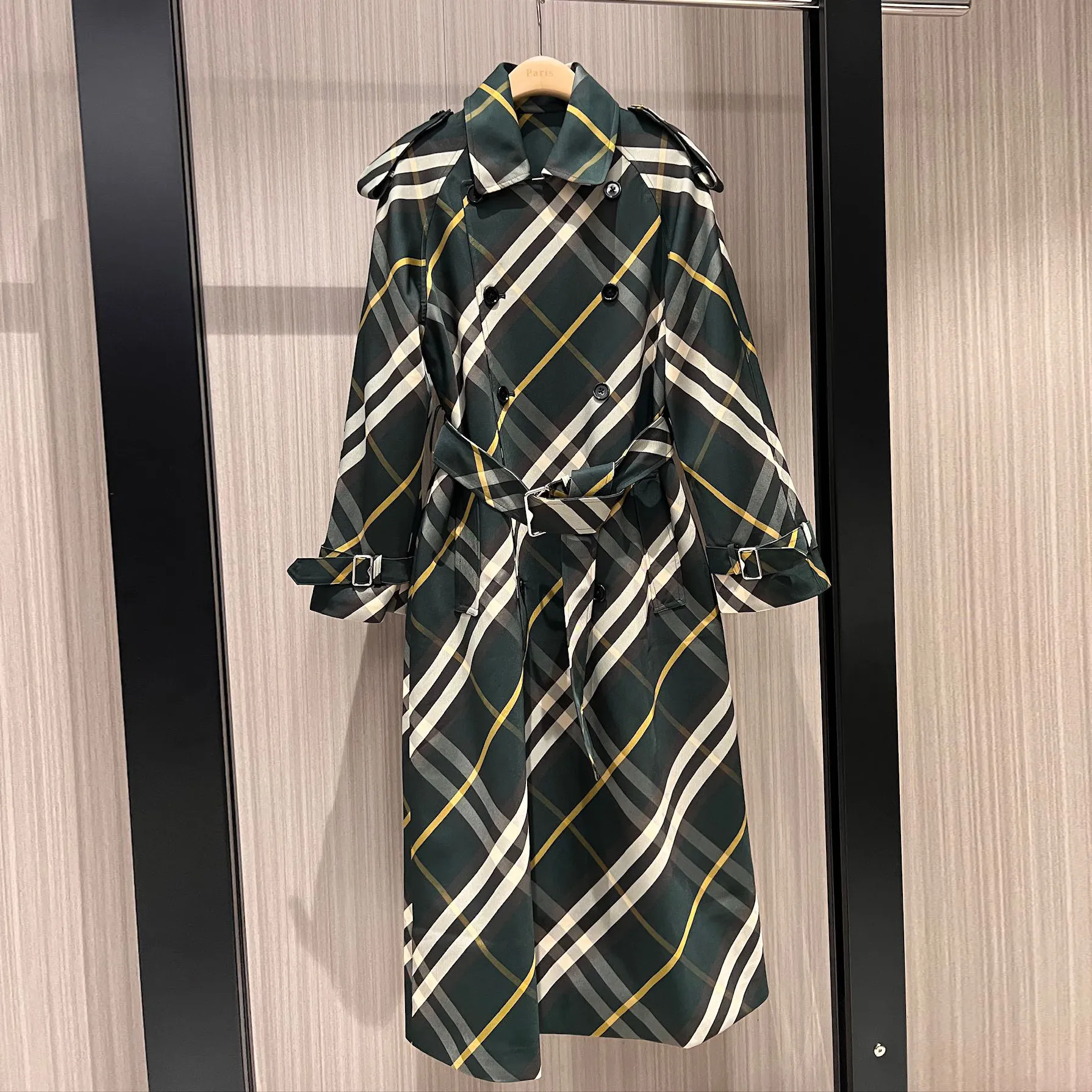 Trench Coat Plaid Longline Jacket Elegant Green Plaid Trench Coat