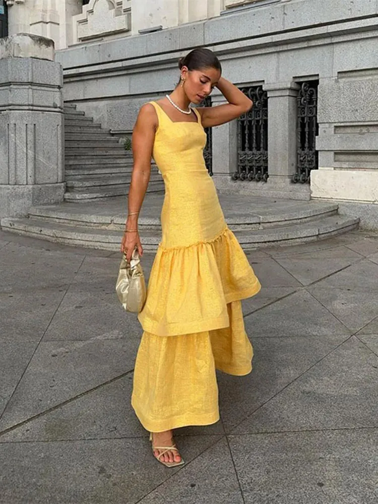 Chic Layered Ruffled Women's Tiered Maxi Dress with Square Collar - Perfect for Summer Parties, Clubs, and Evening Events