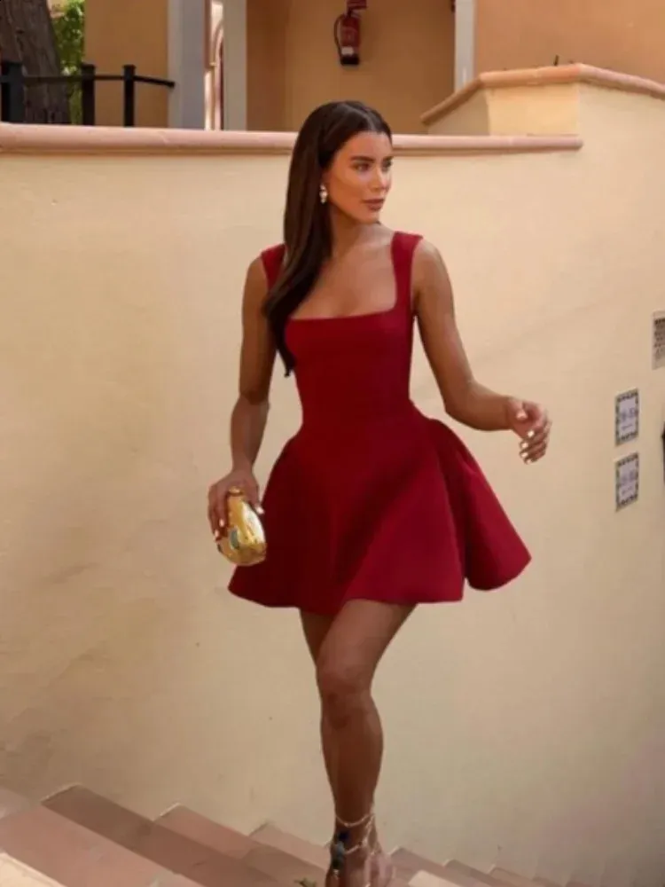 slim fit dress slacks Sleeveless Square-Neck Midi Dress