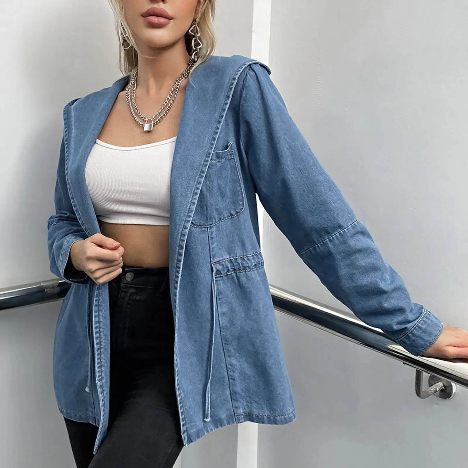 Winter Denim Jeans Hooded Jacket Women's Womens Winter Long