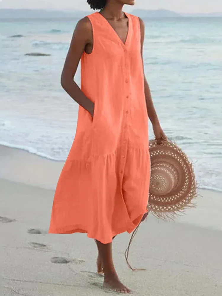 Vintage Beach Style Patchwork Cotton Linen Pockette Linen Dress Women - Loose Fit, V-Neck, Sleeveless, Solid Color