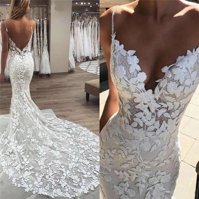 Lace Spaghetti Strap Mermaid Wedding Dresses Square Collar Beading Backless Court Train Bridal Gowns Boho Custom Made