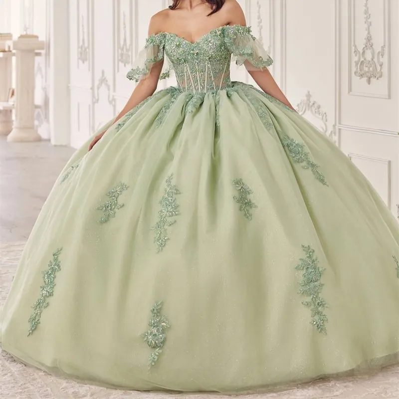 Glitter Sage Green Ball Gown: Off-Shoulder Sweet 16 Dress - Shop Now!  Premium Quality from Dhgate Quinceanera Dresses - price 285.71