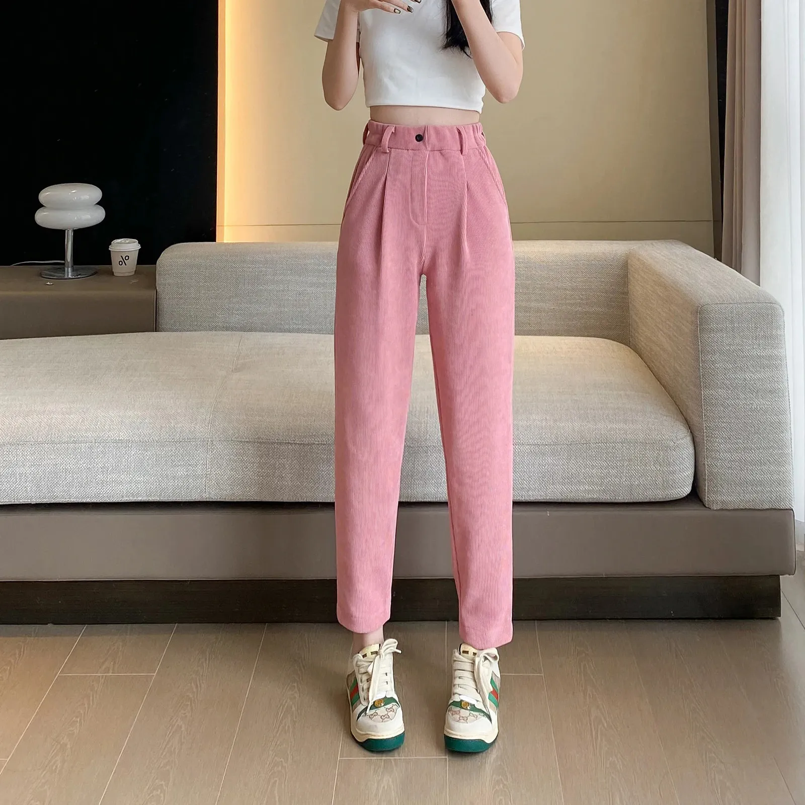 Pink Corduroy Comfort: Womens Winter Fleece Lined Pants Warm