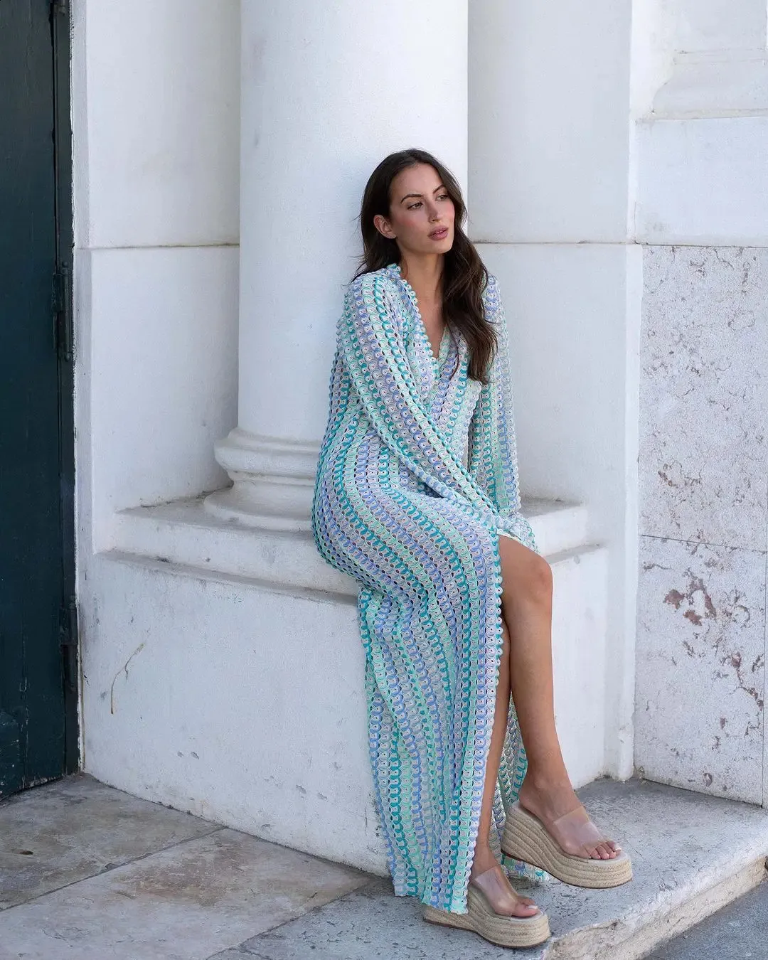 Colorful Stripe Crochet Knitted V Neck Dress for Women - Flare Sleeves, V-Neck, High Split Hook, Perfect for Casual Parties and Banquets in Autumn (