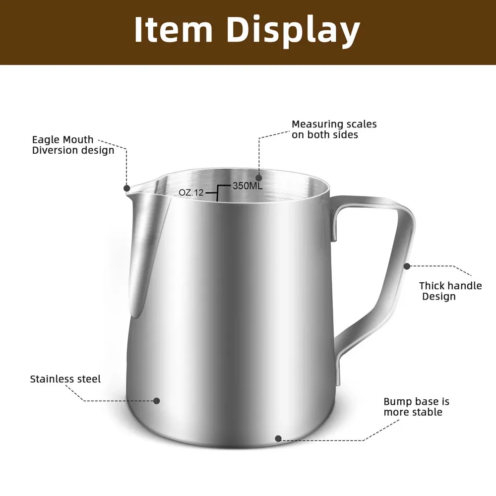 Stainless Steel Milk Frothing Pitcher, 12oz/350ml Milk Coffee Cappuccino Latte Art Frothing Pitcher Barista Milk Jug Cup, Measurements On Both Sides Inside Decorating Art Pen & Microfiber Cloth