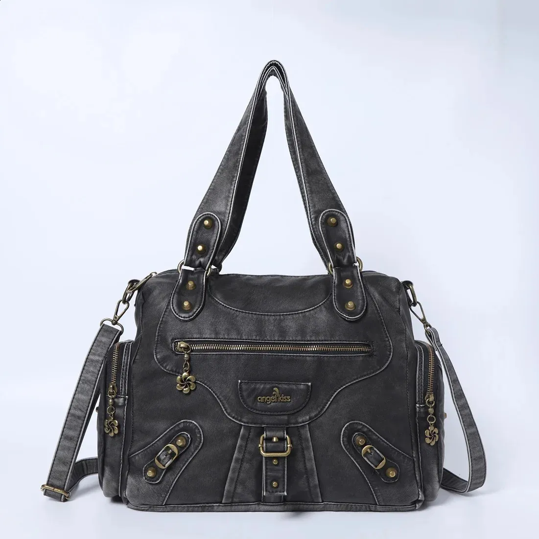 ★ SETUP-EXE★ 33 ANGEL TOP BLACK 25SUMMER22EXE Angelkiss Black PU Shoulder duffle bag with Top Handle and
