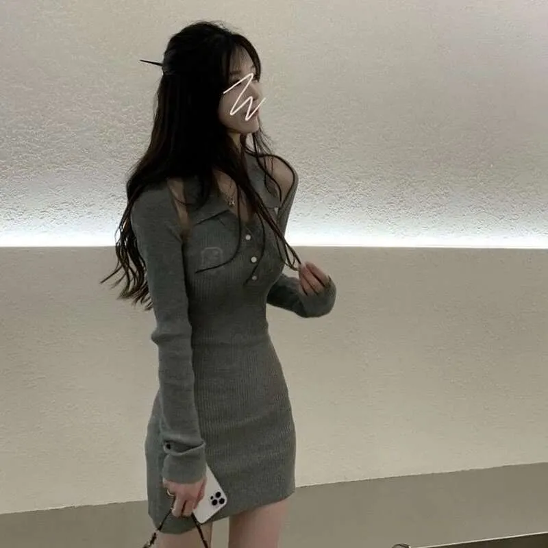 white christmas dresses Korean Long Knit Dress Skinny Black Hip Club Vintage Dress