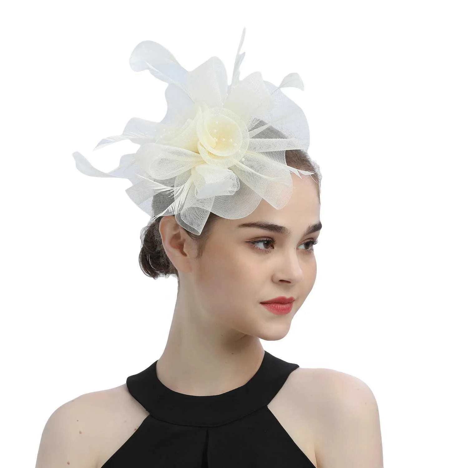 Large Mesh Bow Rhinestone Feather Fascinator Hat Clip Headband Derby Tea Party Fascinators Hat Women Tea Party Headband Flower Cocktail  main image 3