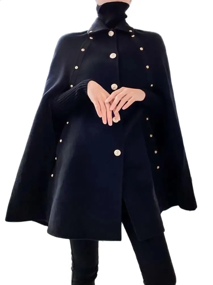 ジャケット・アウター WOOL GOLD BUTTON 2WAY CAPE COAT Black Wool Cape Coat for Women - Vintage Golden Button Mid-Length