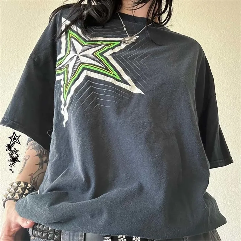 Oversized Cyber Grunge Graphic T-Shirt - Y2K Emo Star Short