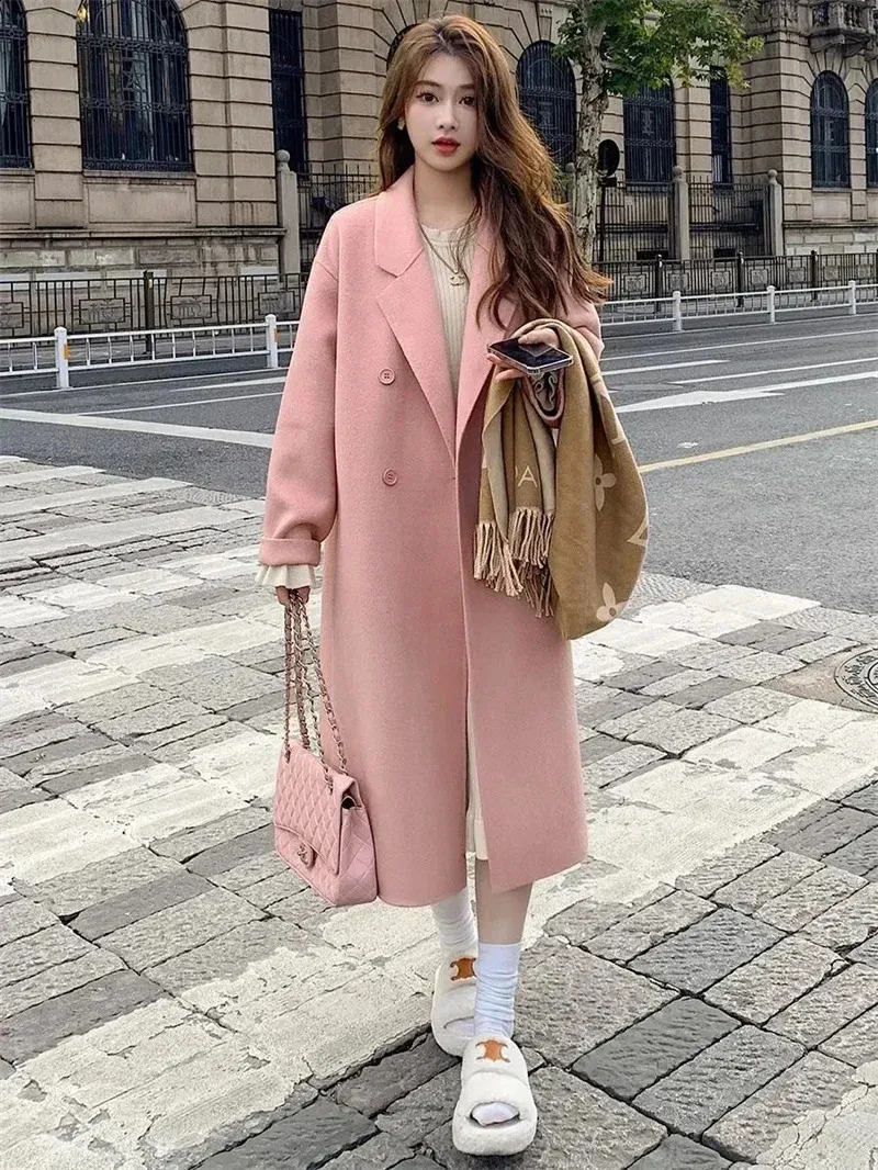 Pink Wool Long Coat Korean Style, Loose Premium Autumn