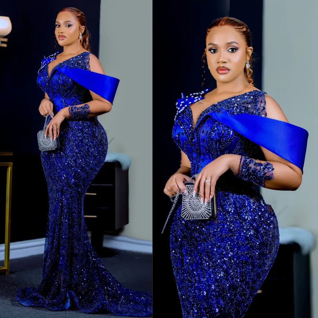 Plus Size Blue Sequin Illusion Neck Trumpet Prom Dress