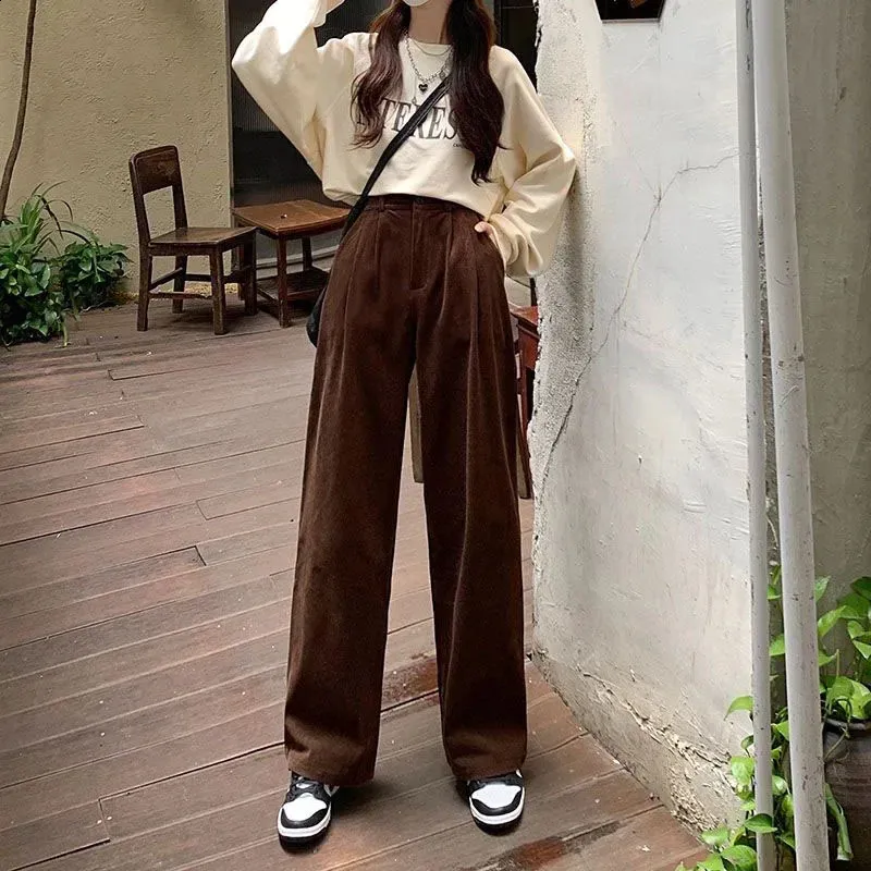 Retro Wide Leg Pants In Corduroy: High Waist Loose Trousers