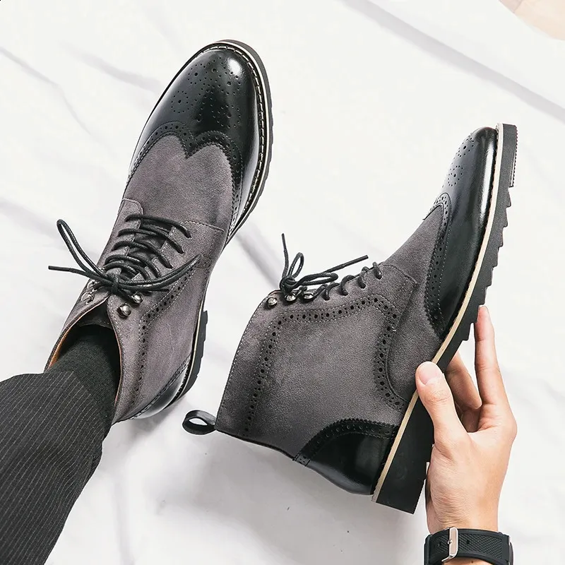 Men Dress Classic Brogue Wingtip Lace Up High Ankle Business Boots 240828_voghion.com