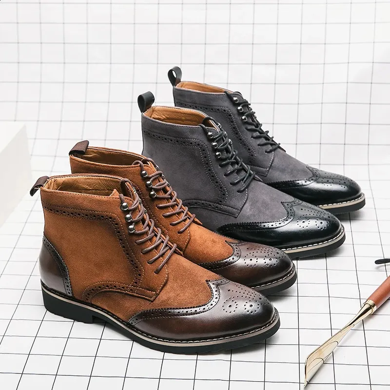 Men's Classic Wingtip Brogue Leather Ankle Boots For Business_voghion.com