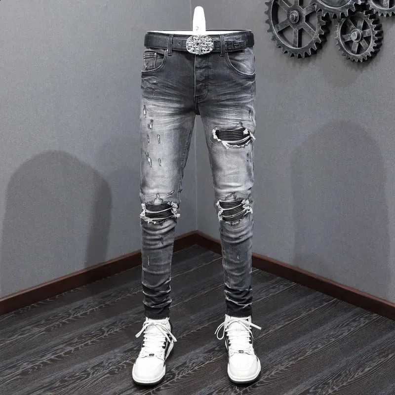 Men's Streetwear Jeans: Retro Black Gray Stretch Skinny Ripped Jeans with  Leather Patches Hip Hop Style Pants