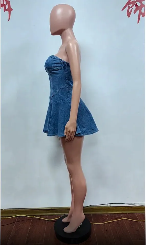 Blue Strapless Denim Club Dress for Women - Elegant Skater tube Dress for party Blue Strapless Denim Club Dress for Women - Elegant Skater tube Dress for party