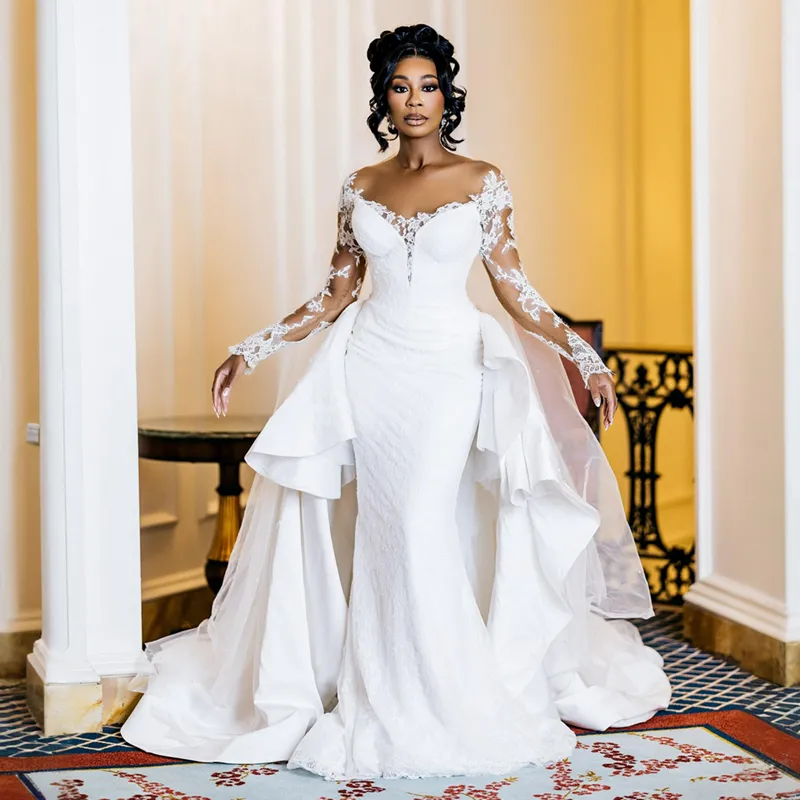 plus size mermaid wedding dress with detachable train Plus Size Mermaid Crystal Lace Beads Sweetheart Long Train African Custom Made Ruffless Wedding Dresses