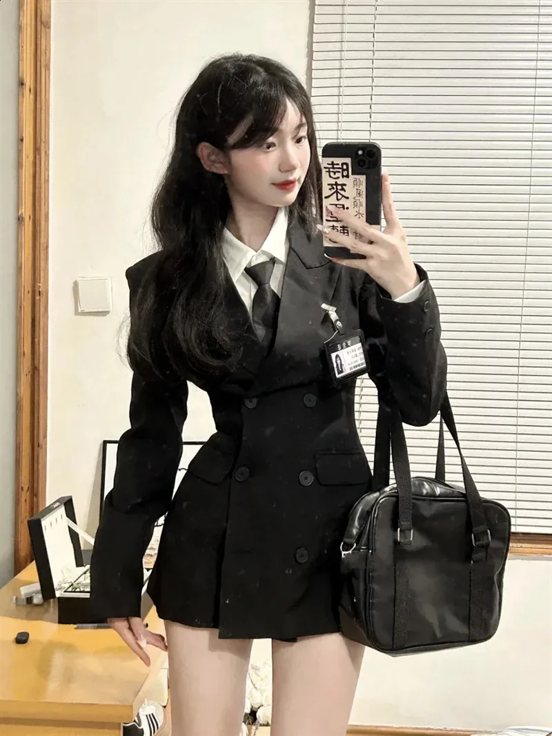 Black Korean two-piece dress set women's casual polo shirtdress jacket with  blended fabric from Dhgate Two Piece Dress - price 71.34