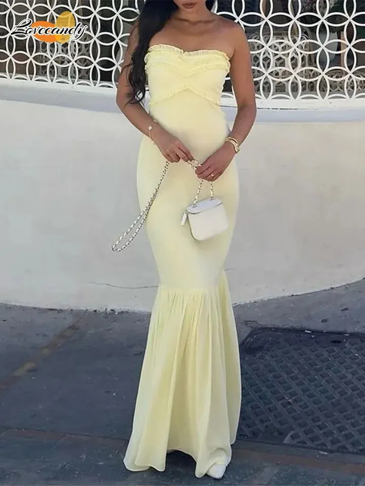Sexy Off-Shoulder Fishtail Hem Maxi Yellow Maxi Dress for Women - Perfect for Summer Parties and Evening Events (Style #240828)