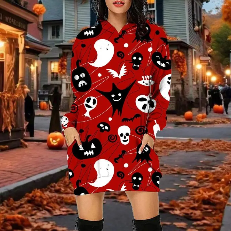 Women s Halloween Cartoon Print Hoodie Dress Long Sleeve Pocket Casual Pullover