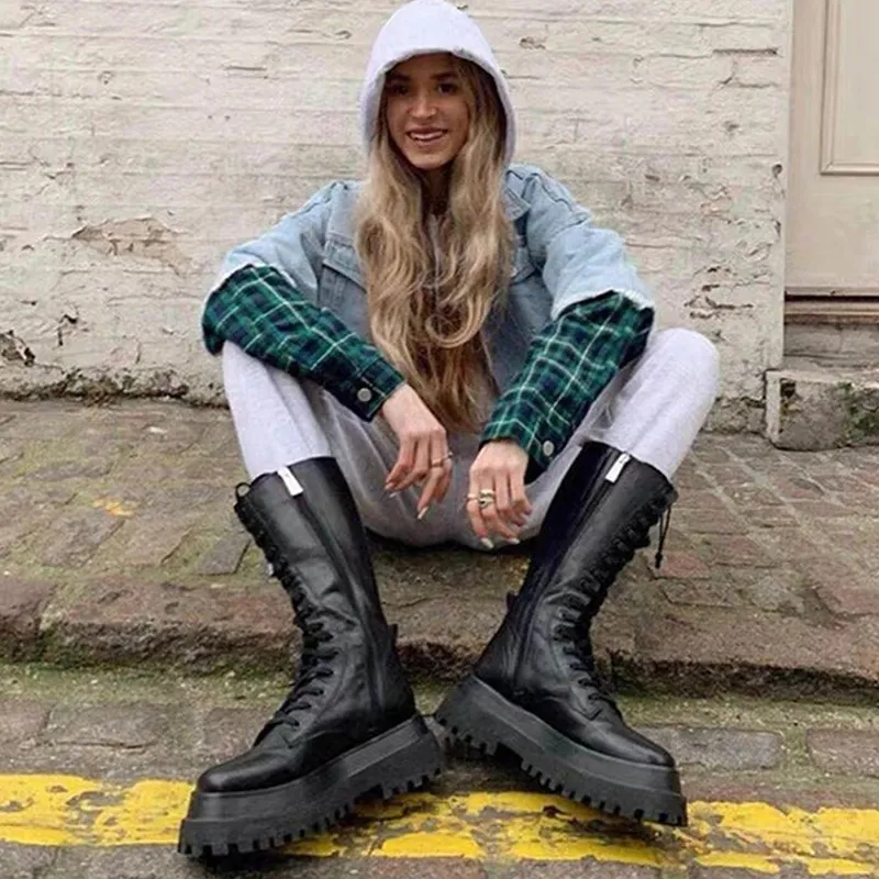 ロングブーツ IONSEOUL Leather Combat Canvas Boots Rimocy 2023 Fashion Chunky boots on platform for Women