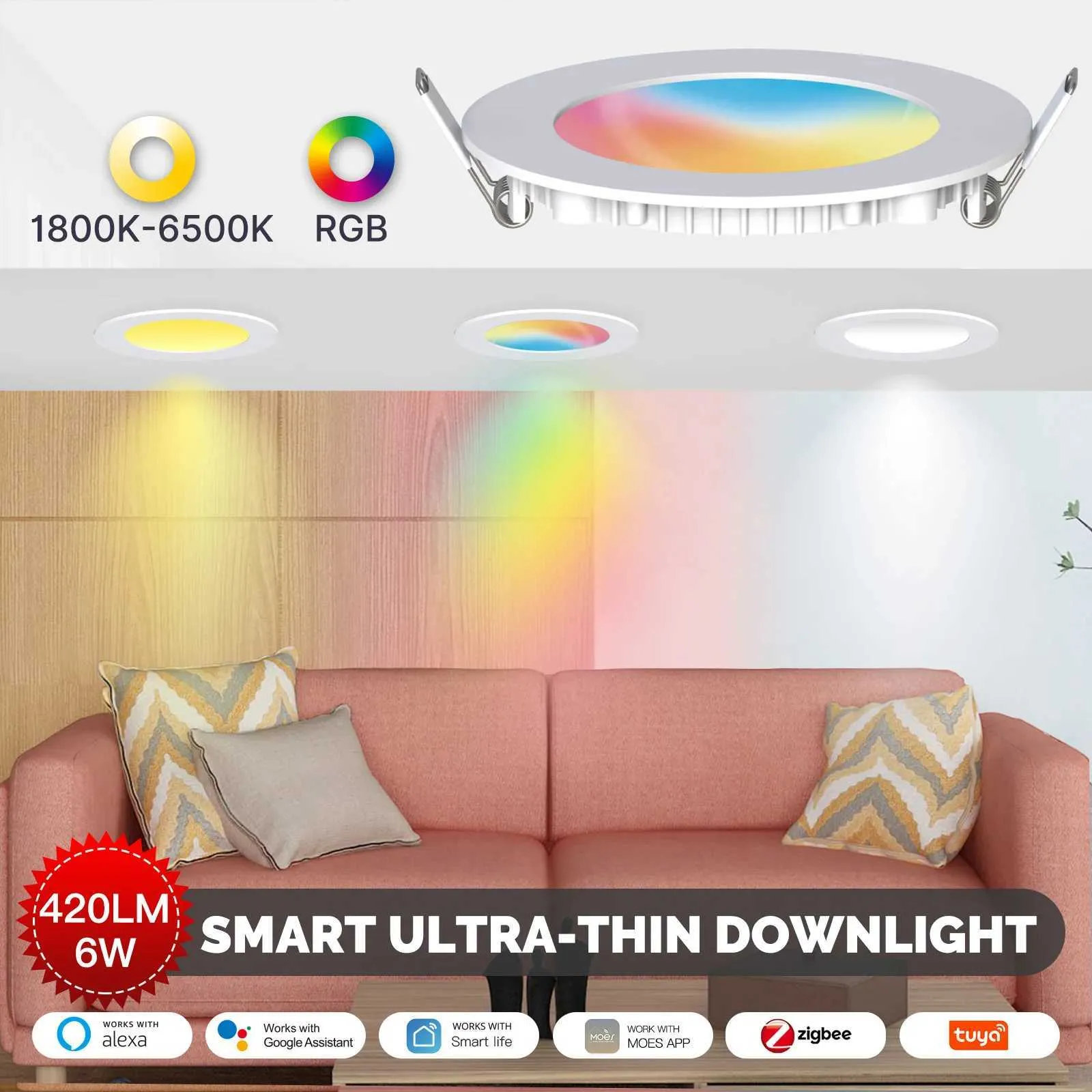 Smart Dimming LED Downlight: Thin, 6W RGB Color Changing, Compatible ...