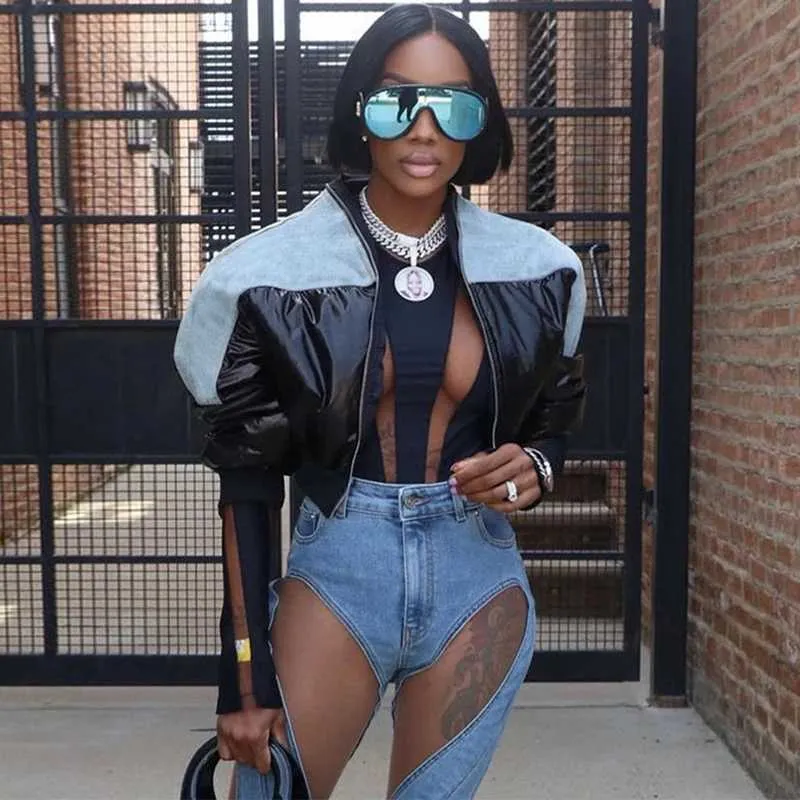 Black Shiny PU Leather Denim Puffer Jacket for Women High Waist - Main Image