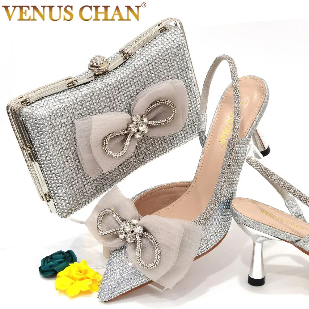 Silver Rhinestone Pointed Toe High Heel Sandals Matching Bag Set