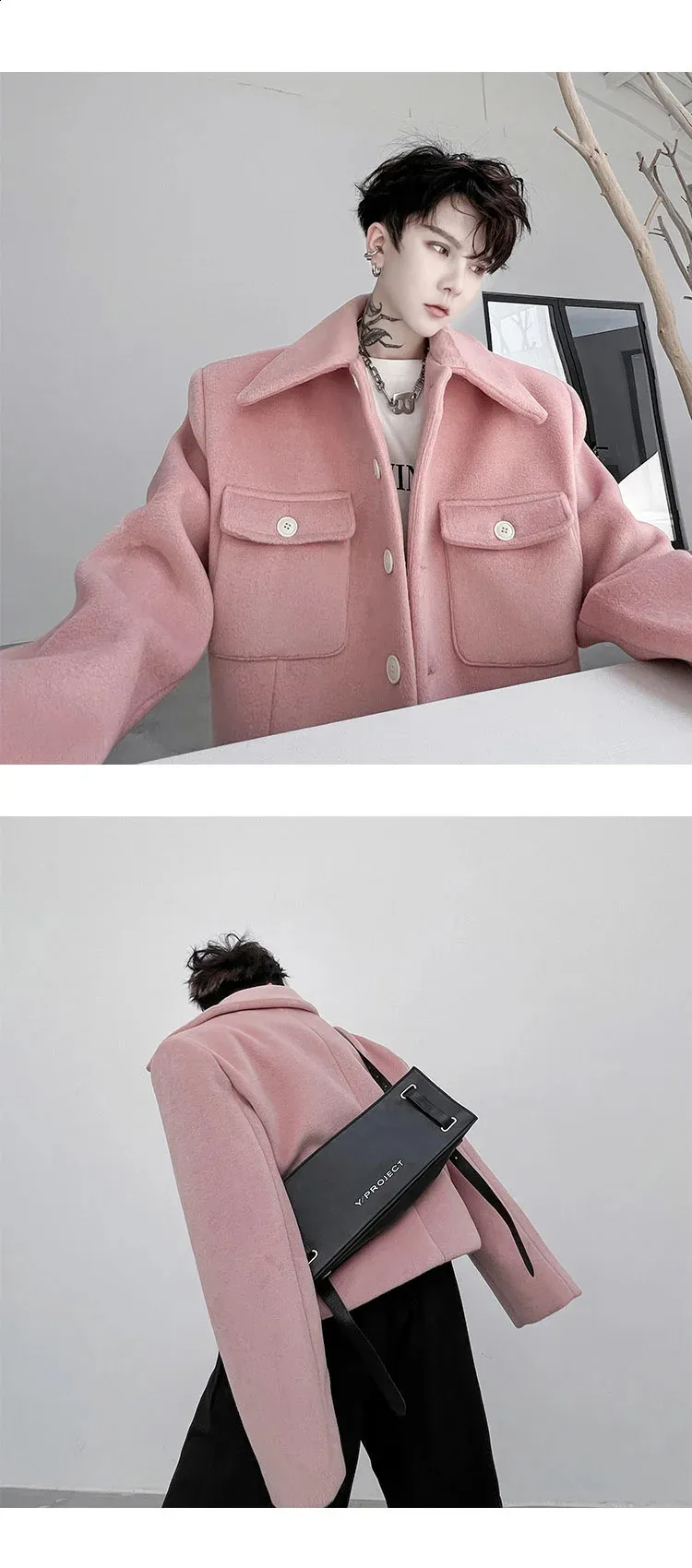 Mens short wool jacket pink lapel casual outdoor acetate winter