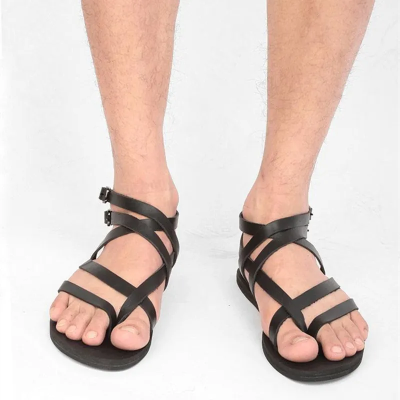 Mens Real Leather Gladiator Sandals - Large Size 45, Narrow