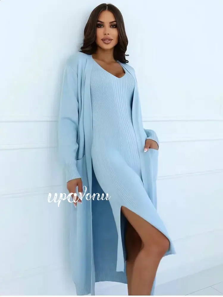 ribbed knit midi dress and cardigan set Elegant Two Piece Set, Long Sleeve YGroup_adora-halterneck