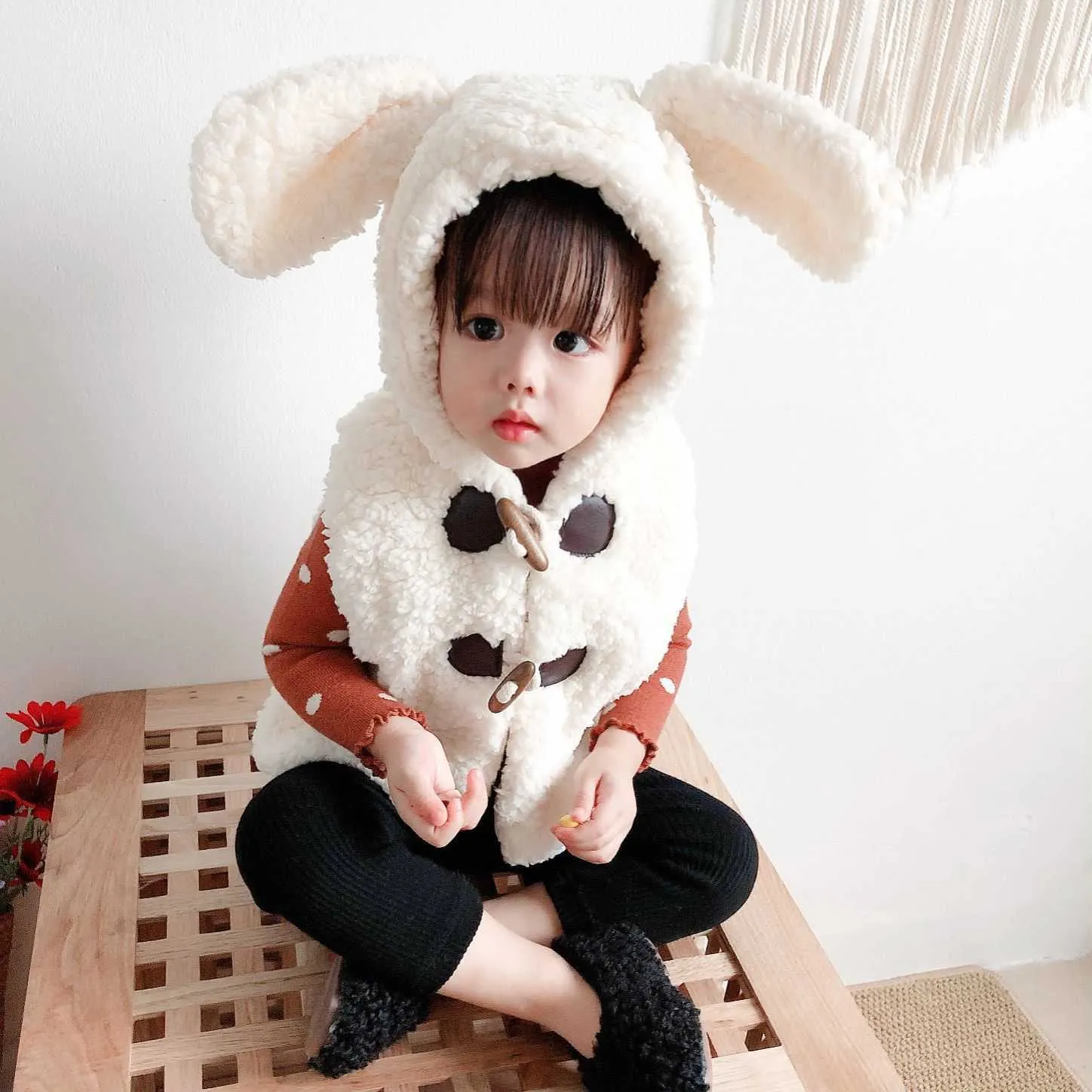 Baby Girl Winter Lamb Wool Rabbit Ear Coat Plush Thickened Vest