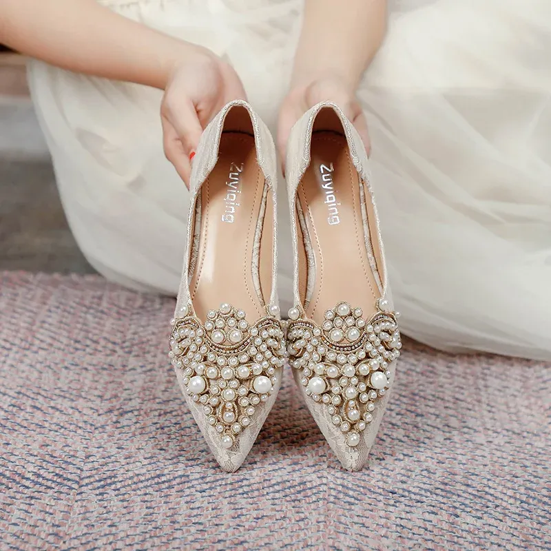 Bulk Wedding Shoes Pearls Lace Embroider Flats, Bridal Shoes