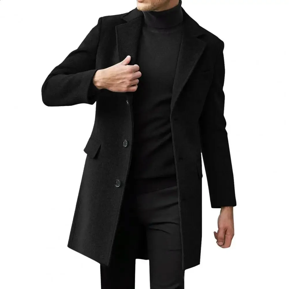 Mens 100% Wool Mid Length Warm Flap Pocket Jacket Autumn Winter