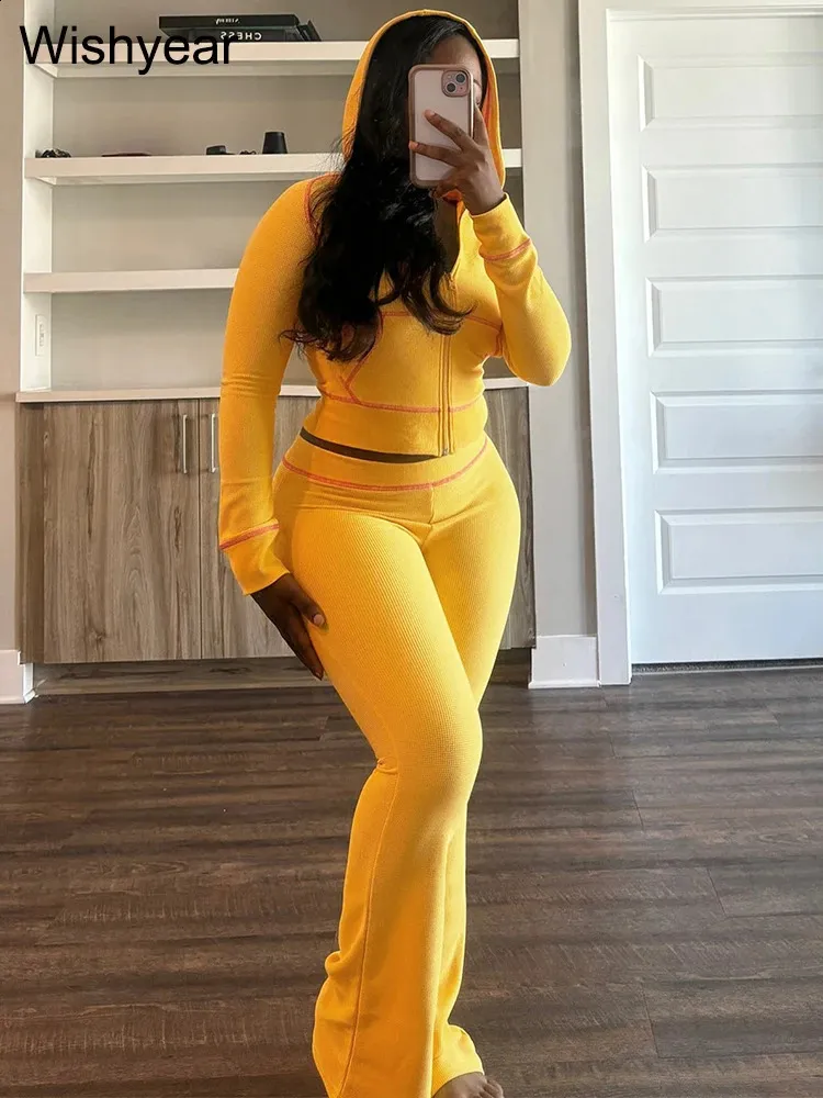 Women s 2 Piece Yellow Crop Hoodie Jogger Flare Pants Sweatsuit Set