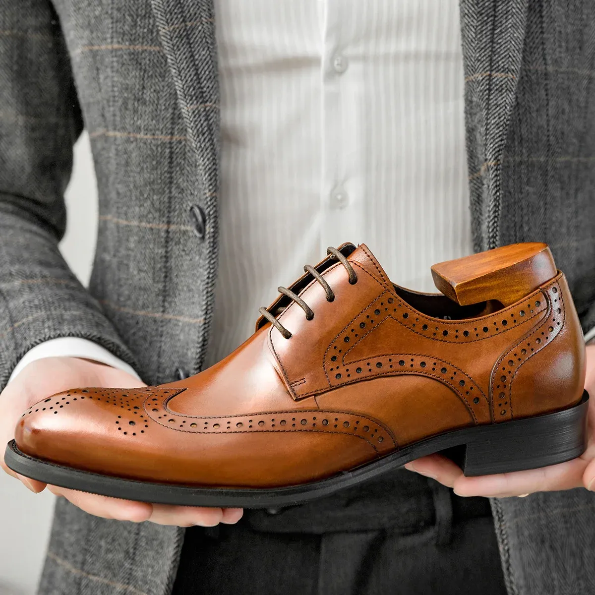 brogue formal shoes caramel colored leather dress shoes Calzoleria Toscana Mesola Wingtip Dress Shoe, Dark Caramel / 42 EU main image 1