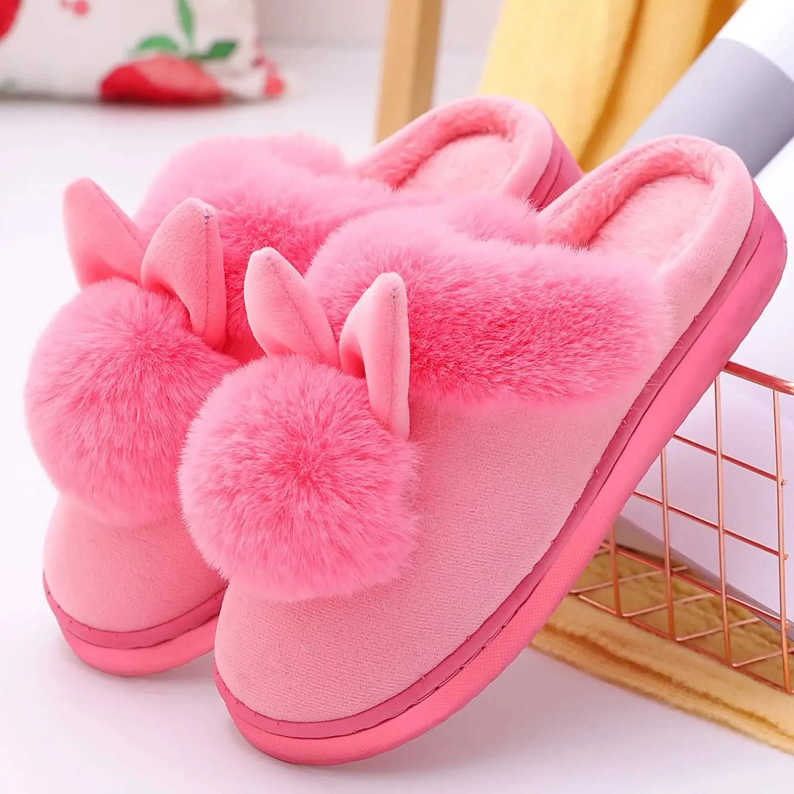 Women's Plush Winter Indoor Slippers Non-Slip Soft Warm House Shoes with  Cute Rabbit Design