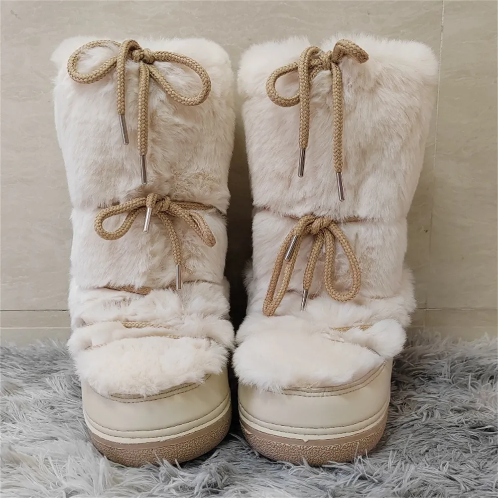 Womens Luxury Winter Snow Boots White Fur, Thick Fluffy Furry