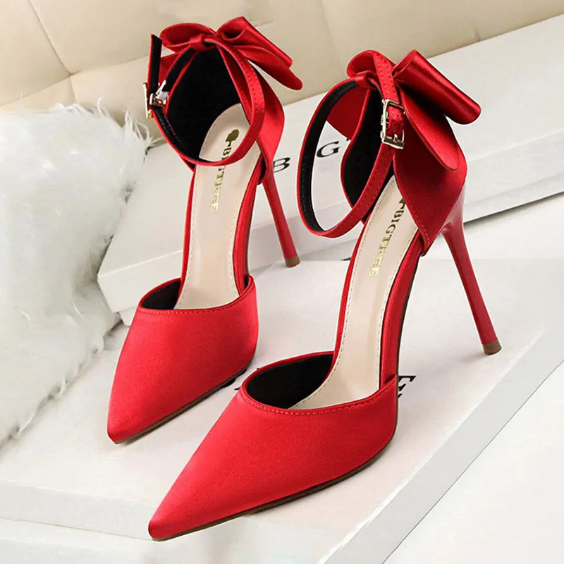 BIGTREE Red Stiletto Bow Pumps - Silk High Heels for Women's Wedding Shoes, Bow sandals in 8cm and 10cm Sizes
