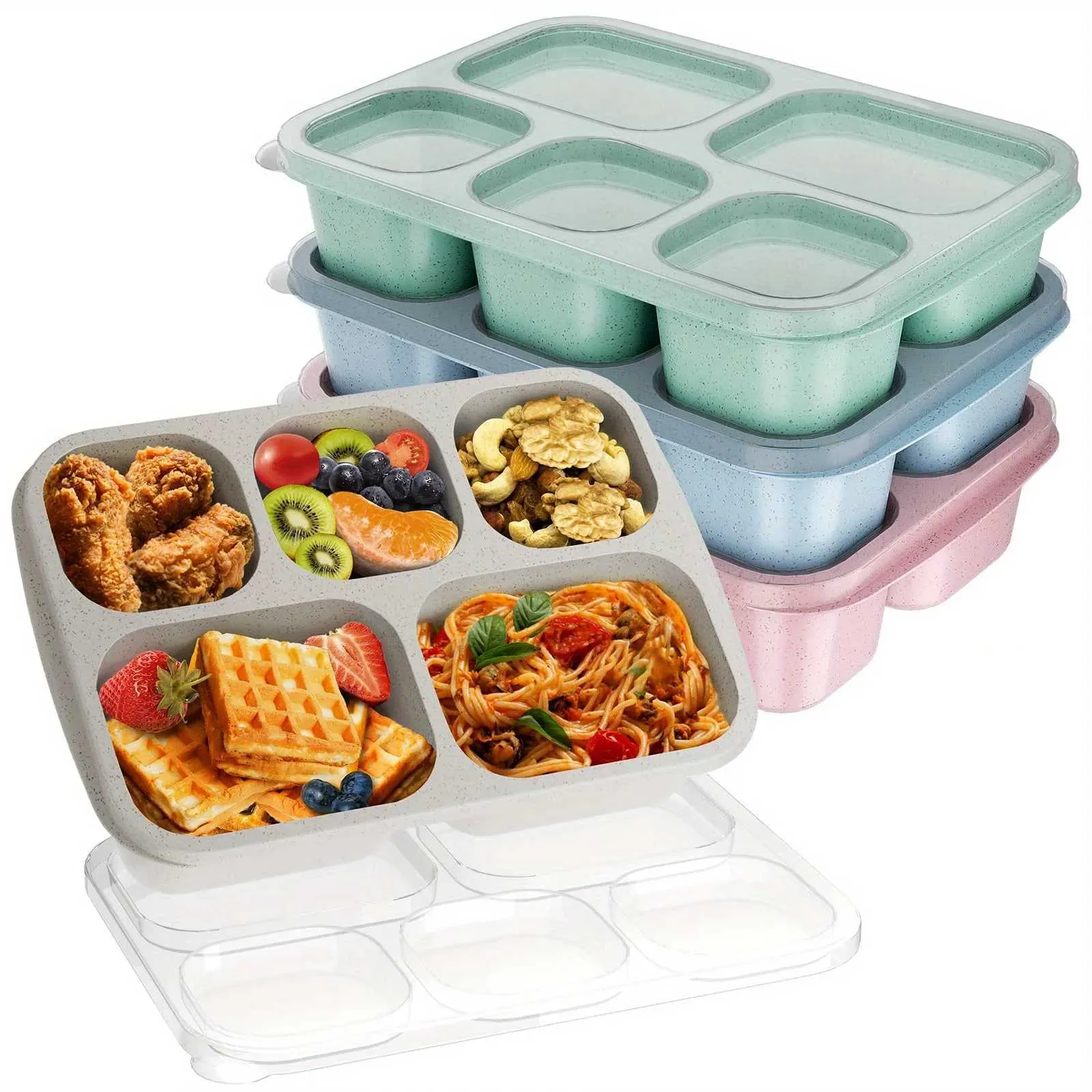 4 Pack Bento Lunch Box, 3 Compartment Meal Prep Containers Lunch Box For Kids, Wheat Straw