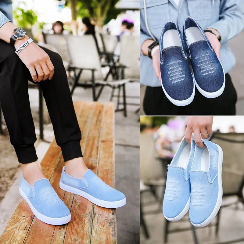 ?Men\'s Blue Denim Canvas Slip-On Comfortable Low Top Lightweight Fashion shoes Blue Jeans Patterned Canvas Shoes Mens, AOP Streetwear Slip  main image 2