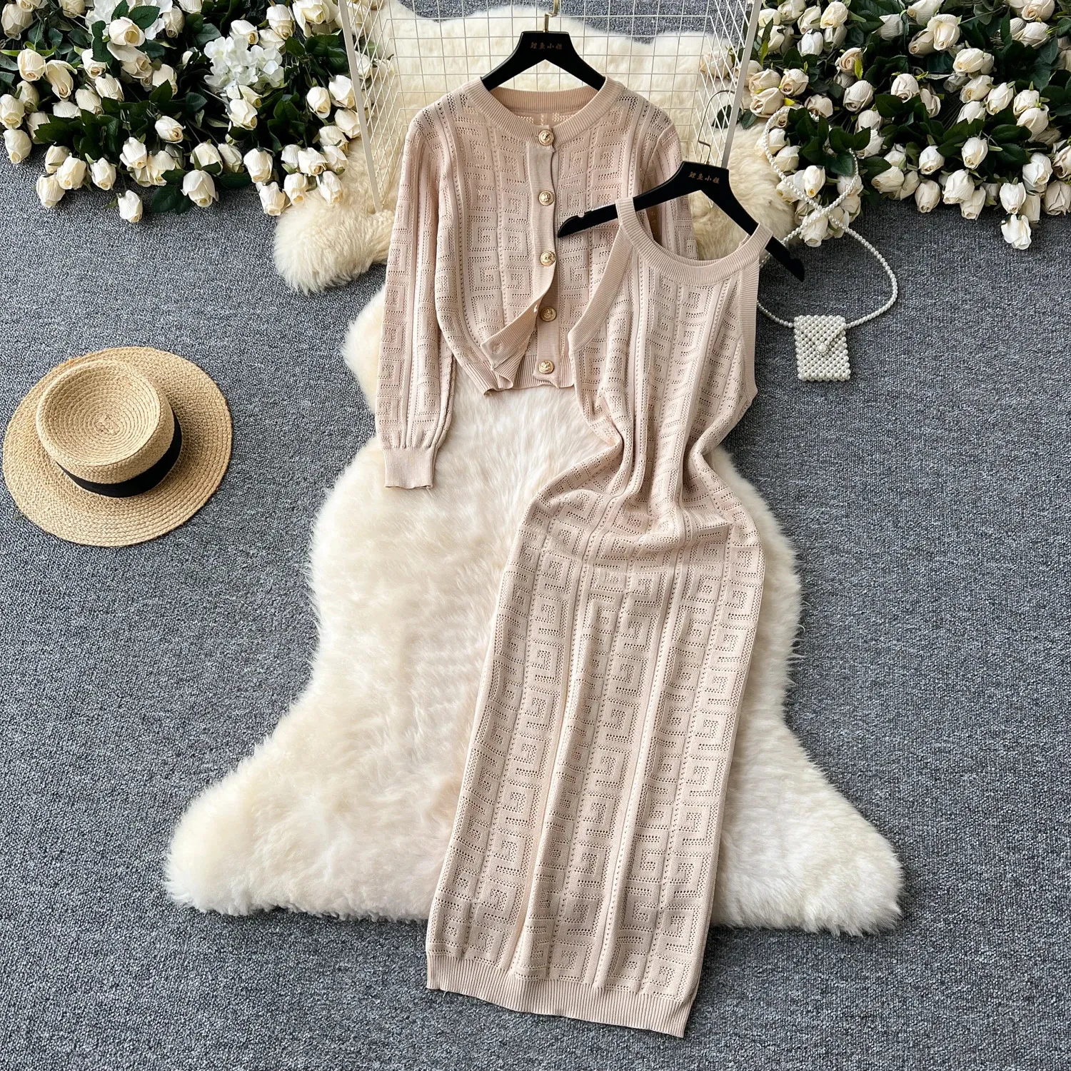 cardigan for bodycon dress Momyknows Pink Bright Wire Long Sleeve 2-in-1 Glitter Bodycon Party Cute Baby Shower Plus Size Cardigan Set Maternity Midi Dress Pink / XL
