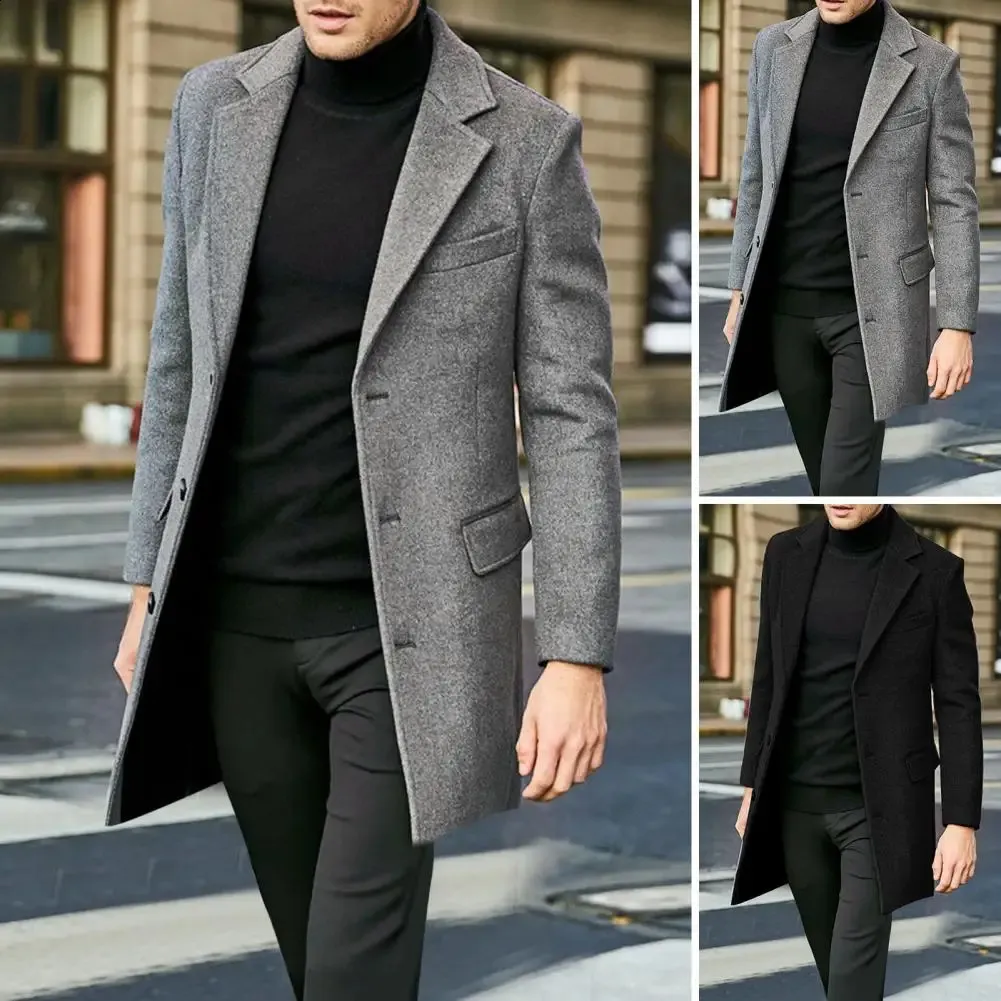 Mens Winter Warm Jacket Mid Length Overcoat With Flap Pockets
