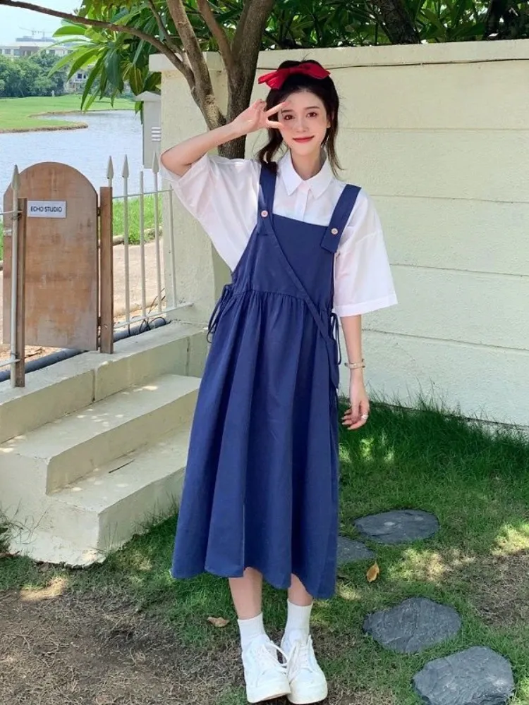 Women's Retro Japanese Kawaii Preppy Midi Dress & Short Sleeve Shirt Set -  Holiday Outfit from Dhgate Two Piece Dress - price 62.7