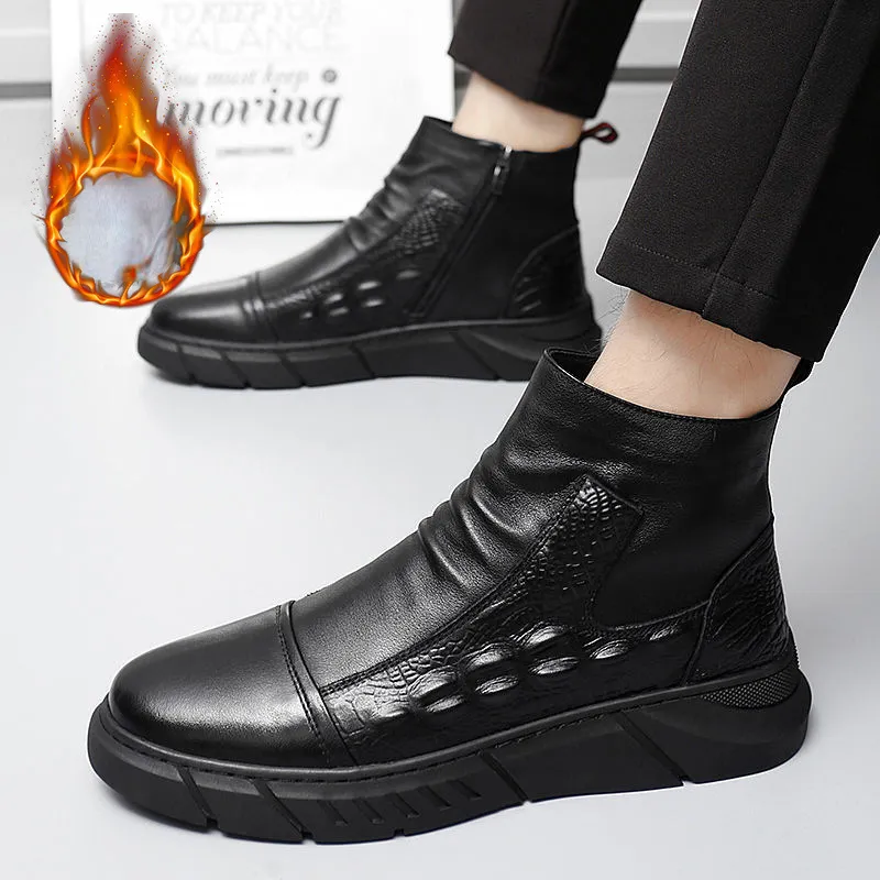 Men\'s Winter shoes Crocodile pattern leather ankle boot lace up high bla… Tread Croc High-Top Ankle Boots main image 2