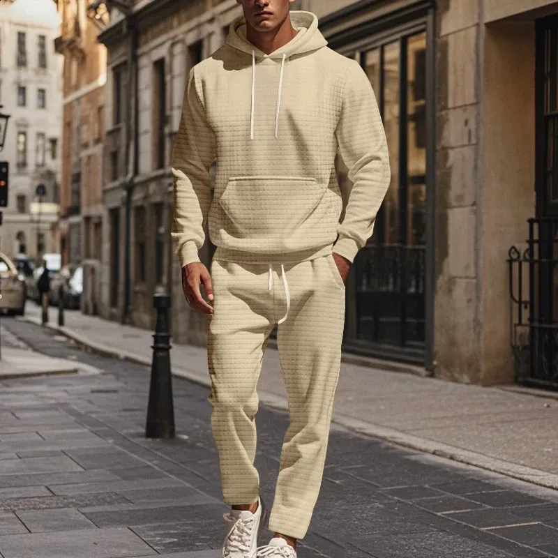 Mens Waffle Knit Hoodie & Sweatpants Set - Casual Solid Color Long