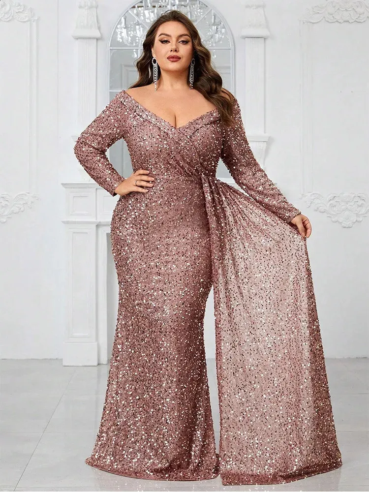 Glamorous Elegant Plus Size Evening Gowns, Almond Pink Sequin