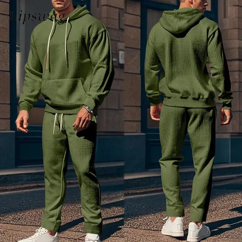 Mens Set Autumn Waffle Knit: Casual Solid Color Long Sleeve Hoodie